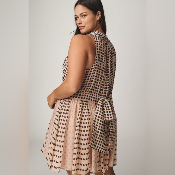 NWT Anthropologie Sleeveless Mini Dress in Pinkish/Tan and Black Polka Dots L - Picture 5 of 16